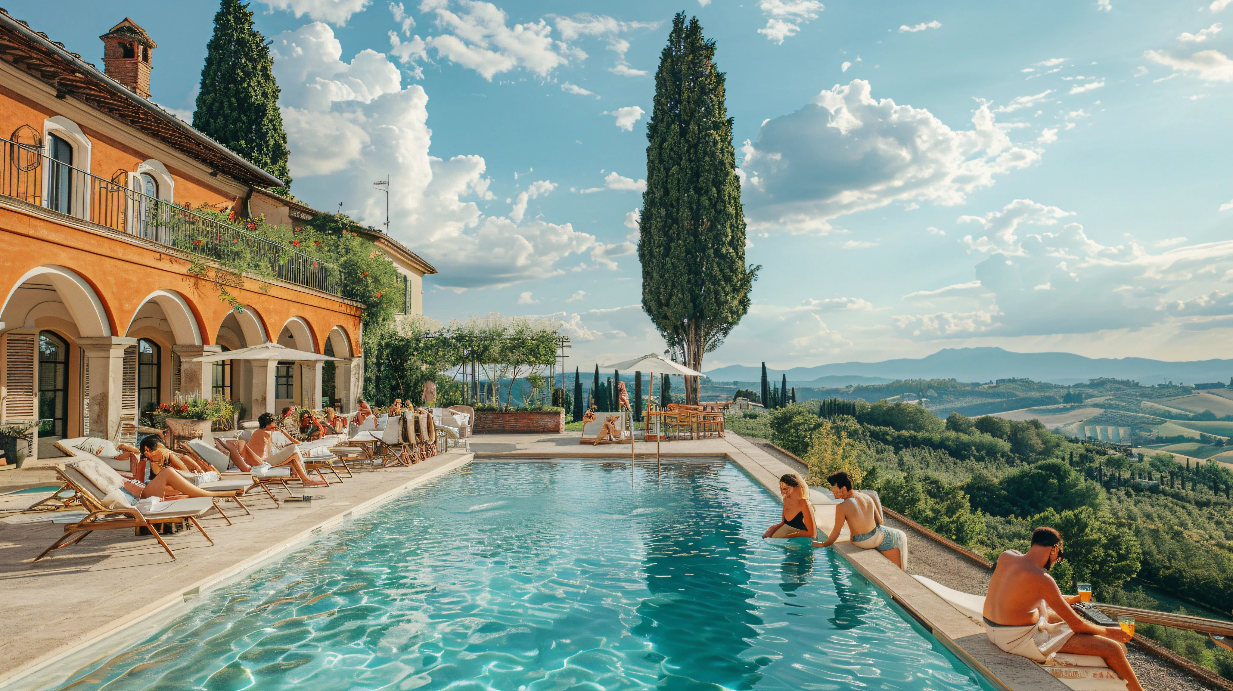 Luxury Italian villa with an infinity pool overlooking the rolling Tuscan hills. A terracotta building with white arches features sun loungers beside the turquoise pool where guests relax under a bright blue sky with scattered clouds.